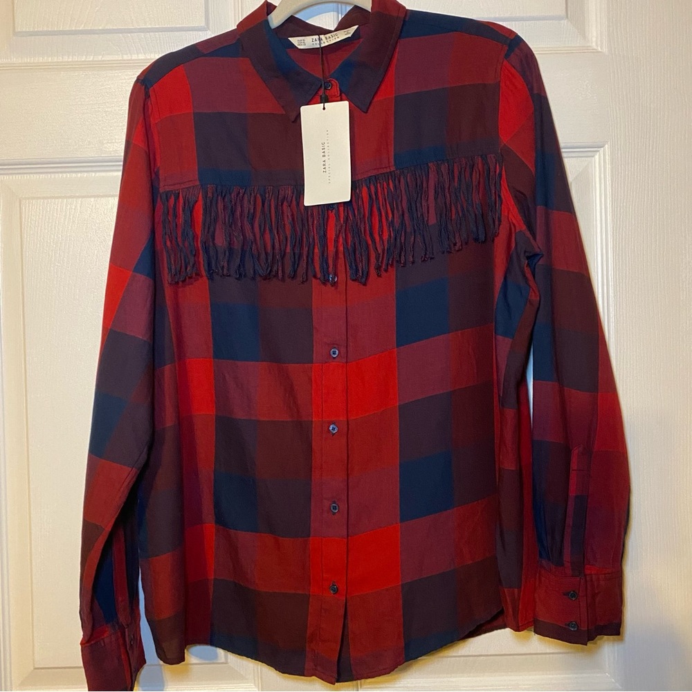 Zara Red and Blue Plaid Fringe Top